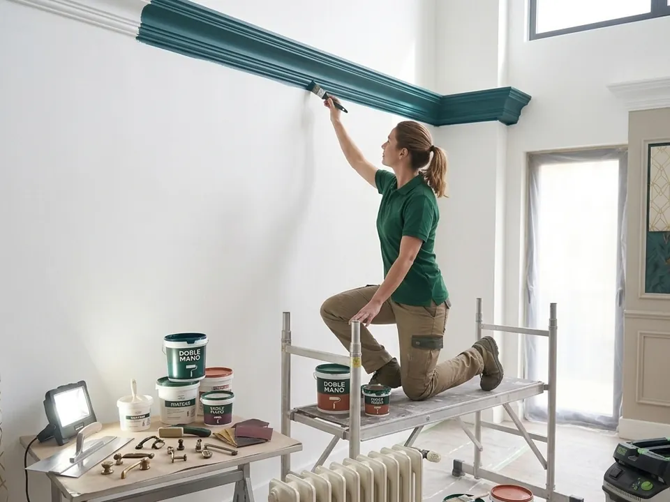 Profesional aplicando un acabado decorativo de color en una moldura