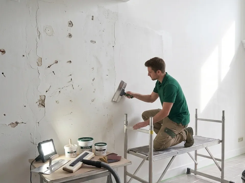 Profesional alisando y preparando una pared antes de pintar