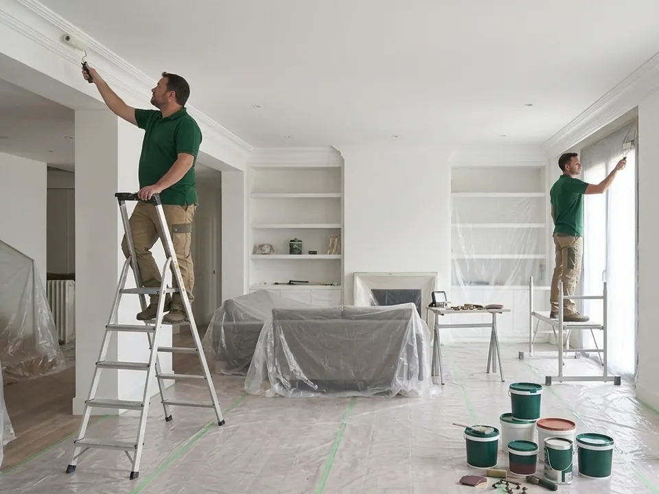 Dos pintores trabajando en una vivienda completamente protegida